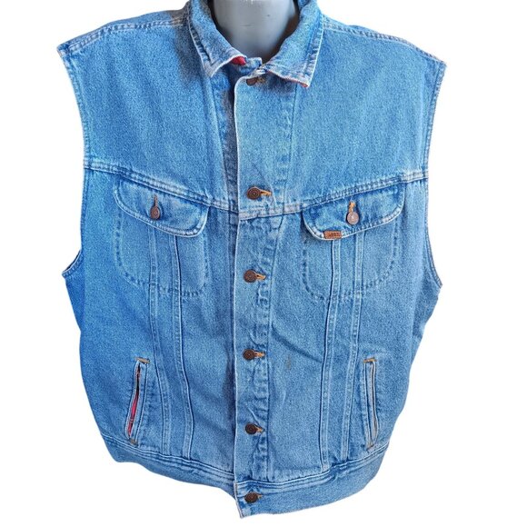 Vintage XXL Men's Denim Vest Lee Red Plaid Flannel Lined 1990's USA - Picture 1 of 8